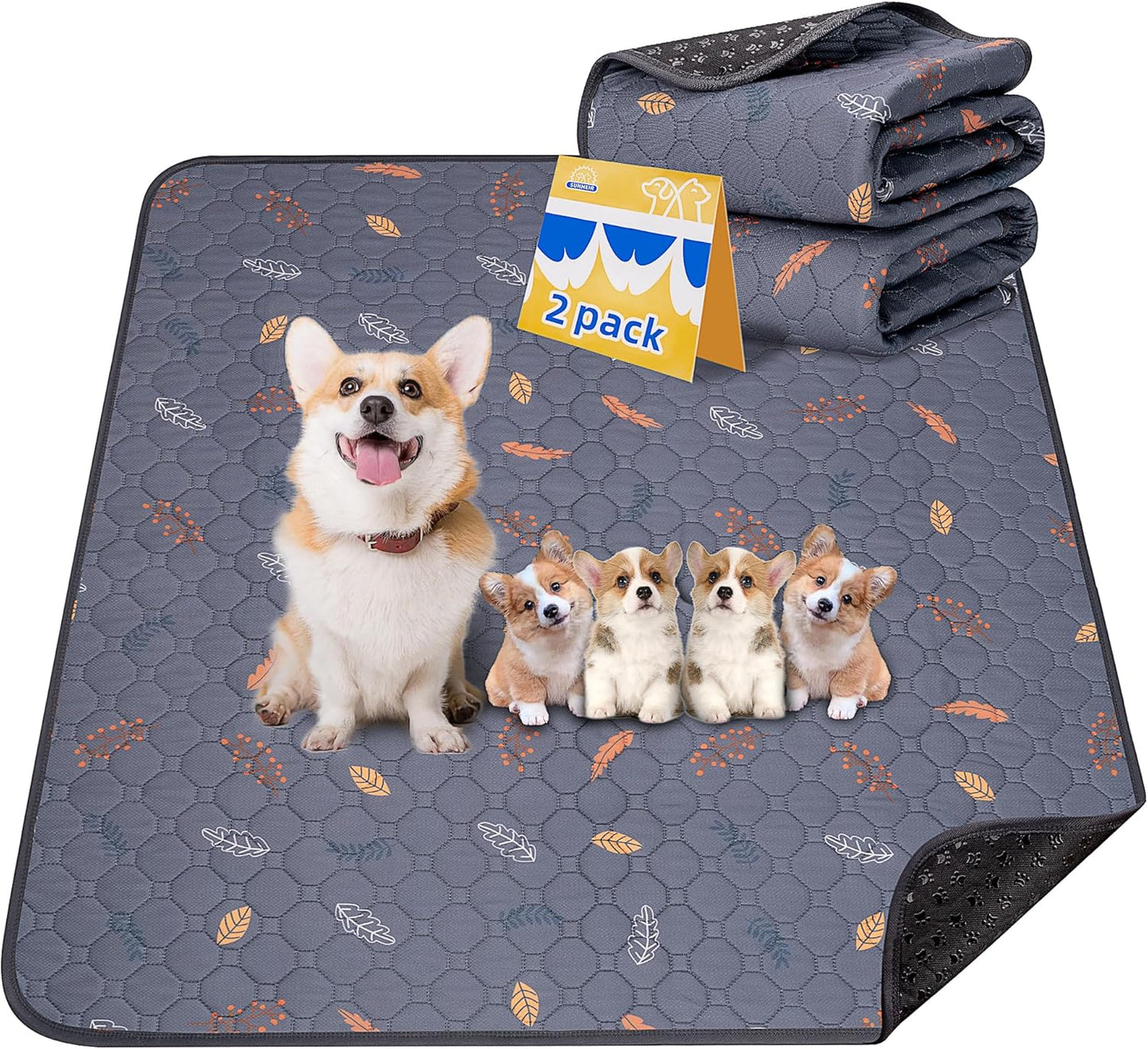 Sunheir 2-Pack Extra Large Reusable Dog Mat for Floor, Dog Playpen, Non-Slip Waterproof Pee Pads, Super Absorbent Washable Pee Pads for Dogs, Pet Whelping Pads, Crate, Potty Training - 36" x 48"