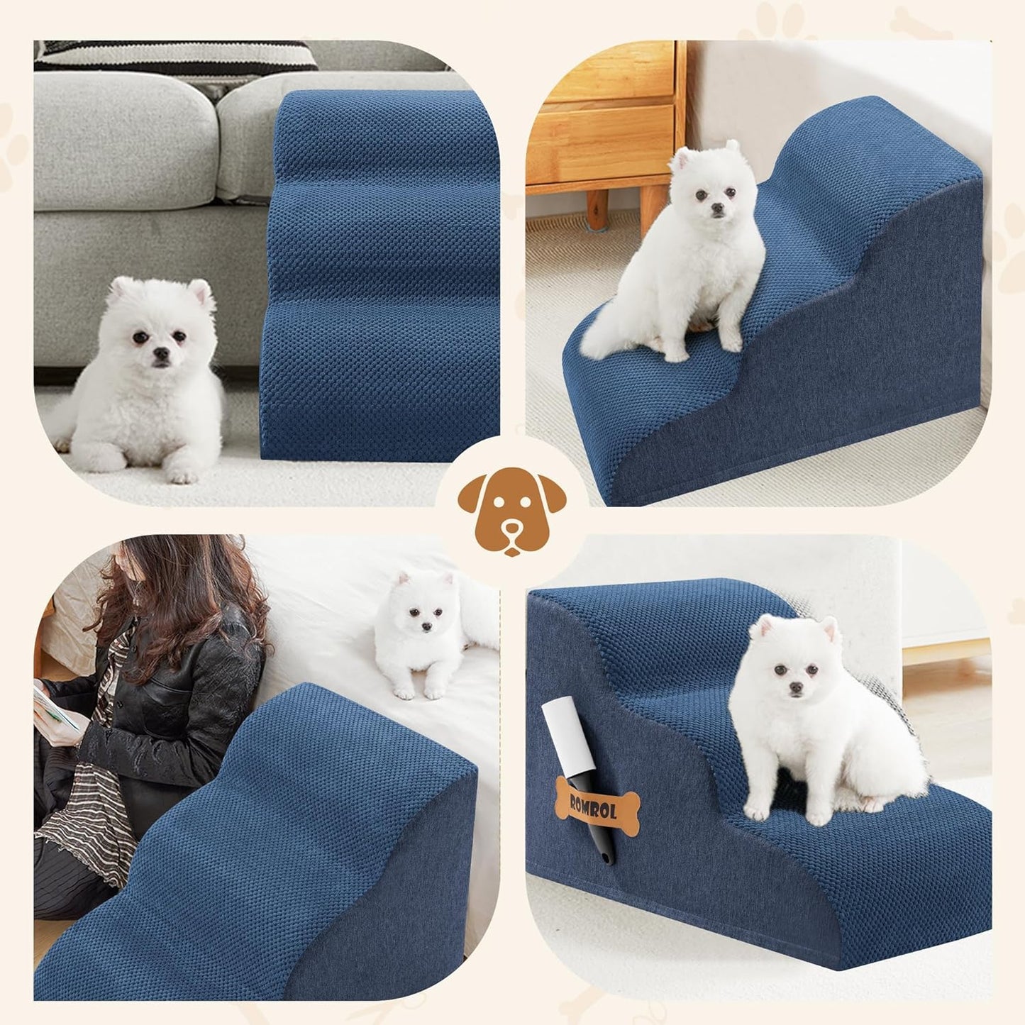 Romrol Dog Stairs Ramp for Beds Couches, Extra Wide Pet Steps with Durable Non-Slip Waterproof Fabric Cover, Dog Slope Stairs for Small Dogs and Cats or Pets Friendly, 3-Tiers, 13 Inch,Dusty Blue