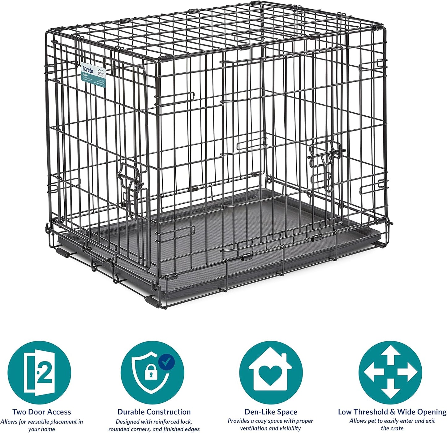 MidWest Homes for Pets 24-Inch Two-Door iCrate Folding Dog Crate with Divider Panel, Leak-Proof Tray & Secure Latches – Metal Wire Kennel for Small Breeds – Portable, Durable & Easy to Assemble