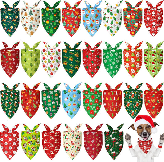 Chunful 30 Pcs Christmas Bandanas for Dogs Xmas Bandanas Bulk with Santa Snowflake Candy Cane Patterns Soft Bibs Adjustable Triangle Doggie Scarf for Small Medium Large Pet 25.6 x 17.7 x 17.7 Inch