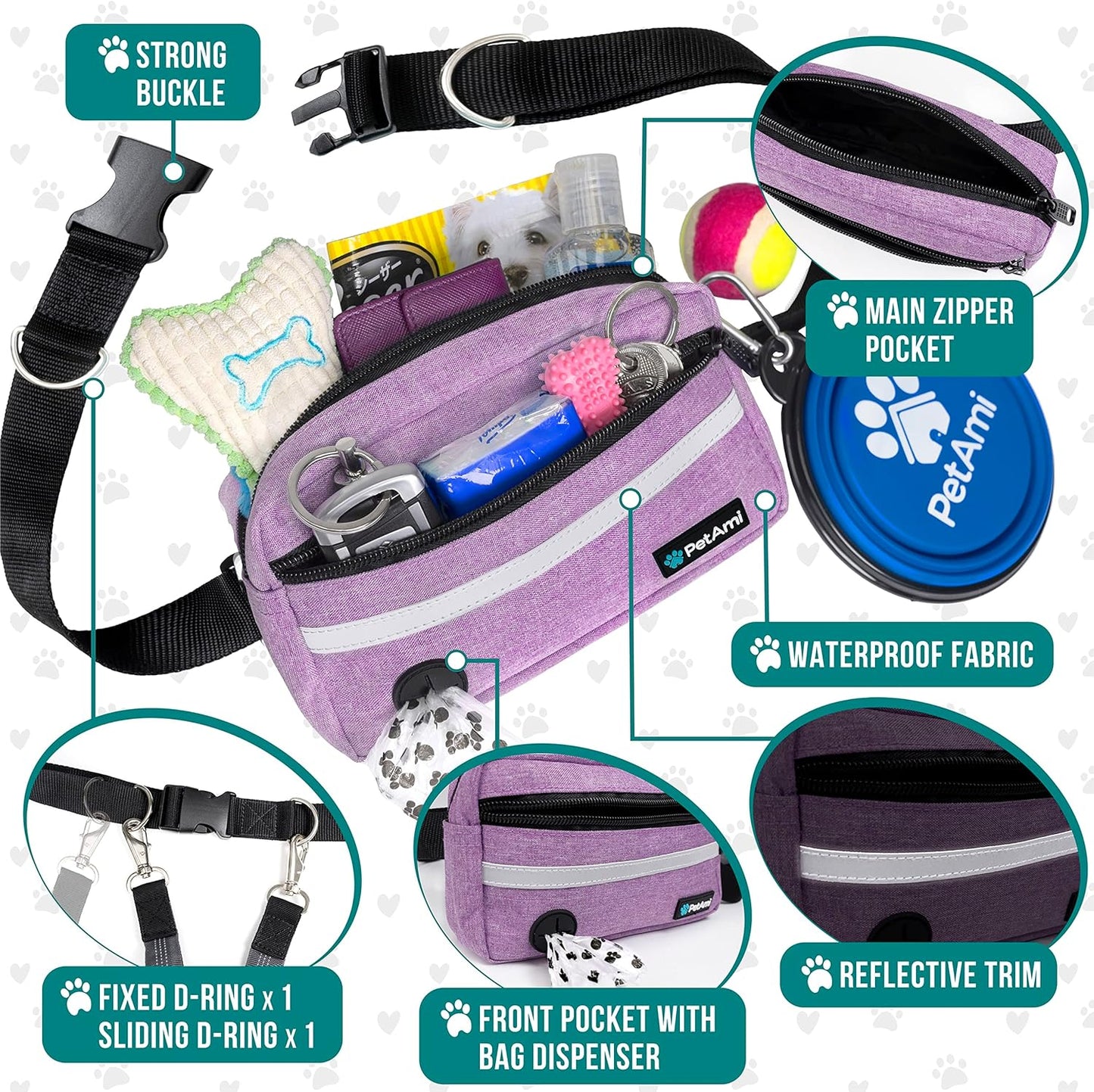 PetAmi Hands Free Dog Leash, Dog Running Leash Belt for Walking Jogging, Dog Waist Zipper Pouch Fanny Pack with Poop Bag Dispenser, Dual Padded Handle Bungee Leash for Small Medium Large Dogs, Single