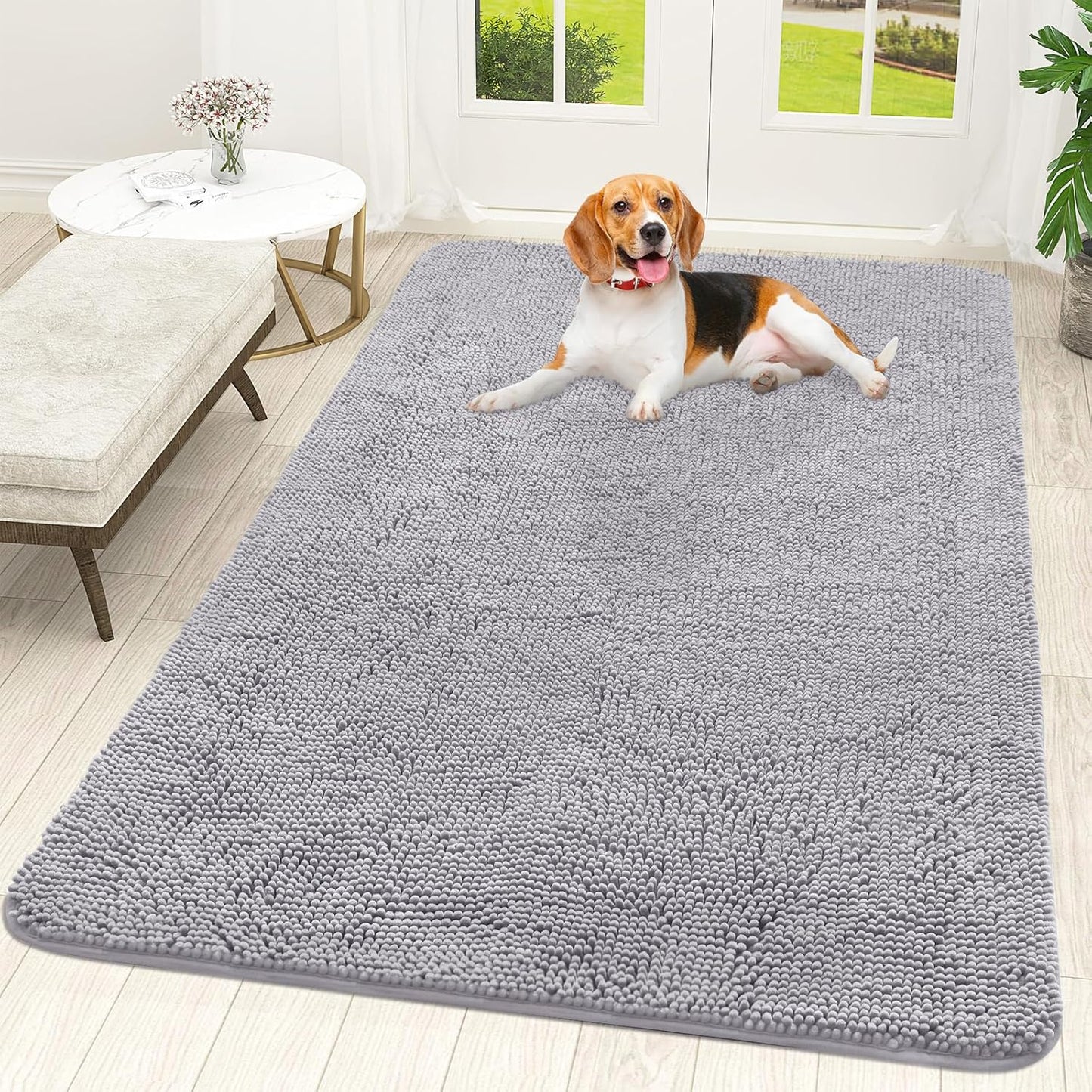 OLANLY Dog Door Mat for Muddy Paws 59x35, Absorbs Moisture and Dirt, Absorbent Non-Slip Washable Doormat, Quick Dry Chenille Mud Mat for Dogs, Entry Indoor Entryway Carpet for Inside Floor, Light Grey