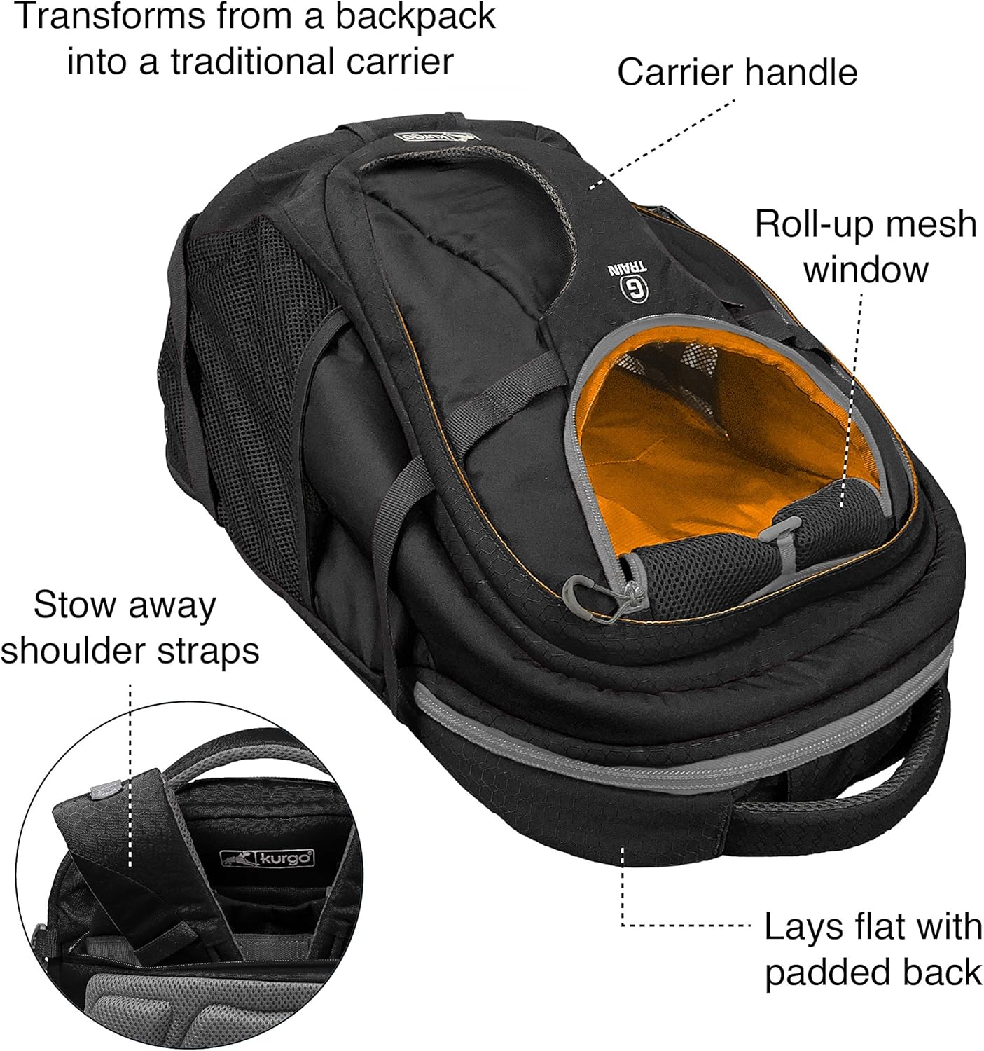Kurgo G-Train - Dog Carrier Backpack for Small Pets - Cat & Dog Backpack for Hiking, Camping or Travel - Chest Straps & Hip Belt - Reflective - Two Water Bottle Sleeves - Waterproof Bottom (Black)