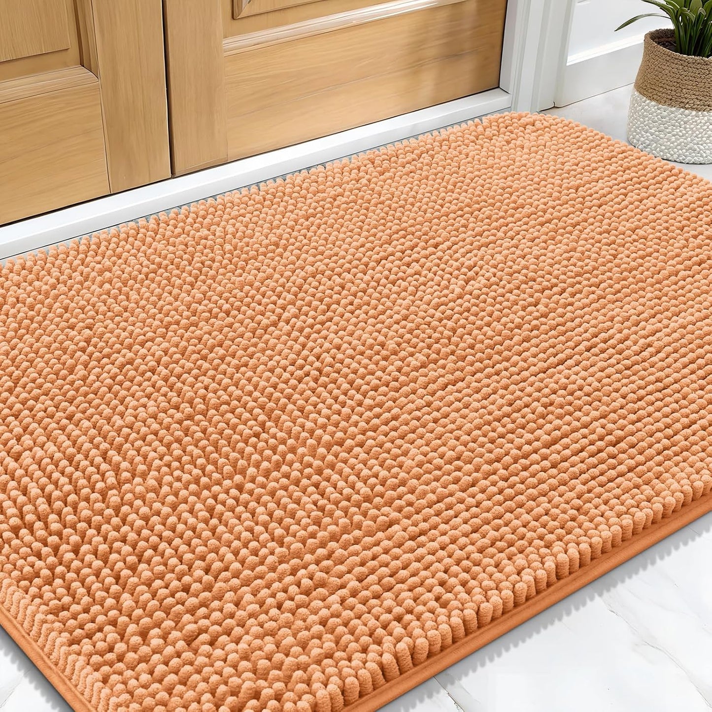 OLANLY Dog Door Mat for Muddy Paws 34x21, Absorbs Moisture and Dirt, Absorbent Non-Slip Washable Doormat, Quick Dry Chenille Mud Mat for Dogs, Entry Indoor Entryway Carpet for Inside Floor, Orange