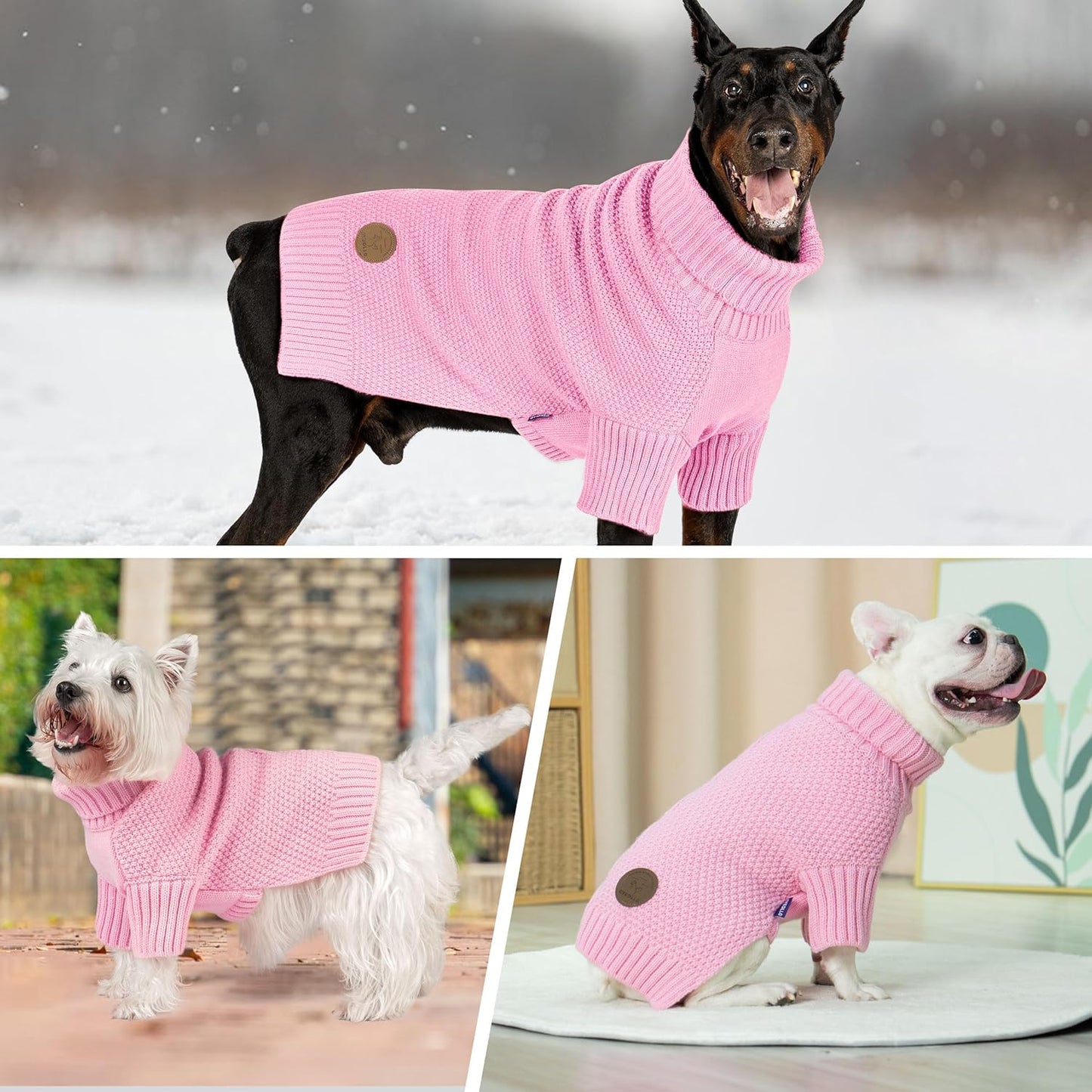 cyeollo Dog Sweater Warm Turtleneck Knitwear Pullover Sweaters with Leash Hole Soft Winter Dog Clothes Sweaters for Dogs,Pink, L