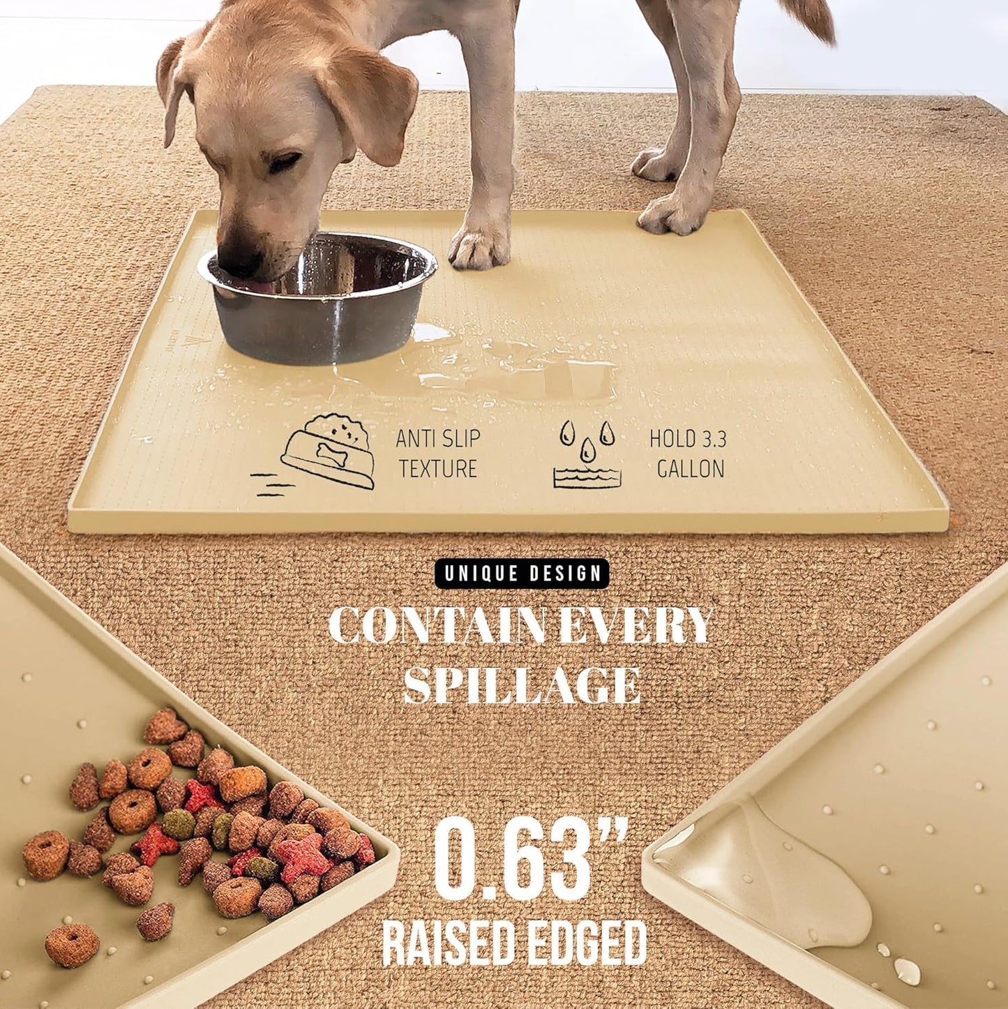 AVERYDAY 32x24'' Silicone Dog Mat for Food and Water, 0.63'' Edge Dog Food Bowl Mats for Floor Waterproof, Dogs Water Mat for Sloppy Drinker, Non Slip Rubber Pet Feeding Mats for Indoor Dogs and Cats