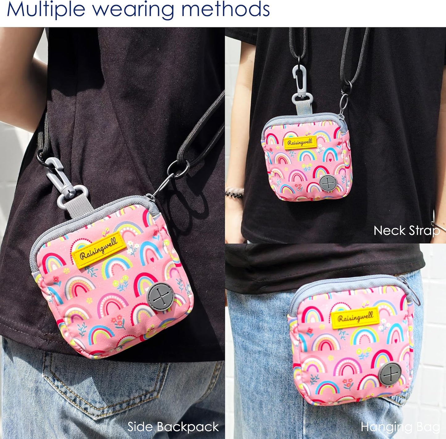 Dog Treat Pouch for Pet Walking and Training with Clicker Poop Bags Small Fanny Zipper Pack Holder for Puppy Snack Dispenser Kit for Leash and Outdoor Use (Rainbow)