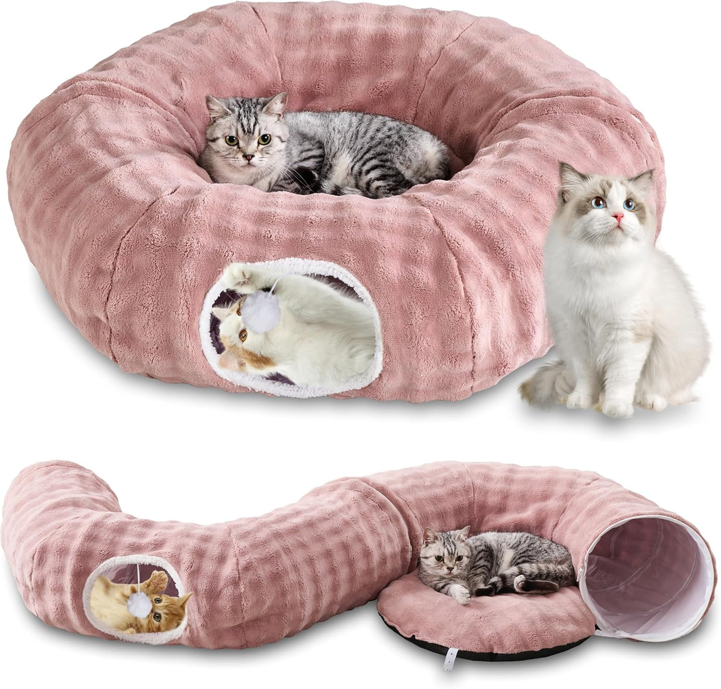 Bubble Cat Tunnel for Indoor Cats, Round Peekaboo Cave Toy with Dangling Balls, Donut Tunnel Bed with Circle Mat for Puppy Kitten Rabbit, Dusty Pink