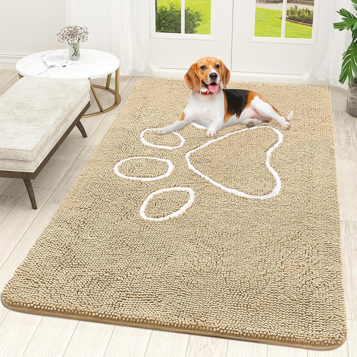 OLANLY Door Mat for Muddy Dog Paws 70x46, Ultra Absorbent Chenille Mud Doormat with Paw Print Design, Non-Slip Washable Doormat for Indoor Entryway, Quick-Dry Pet Bed Mats for Dirty Dogs, Beige