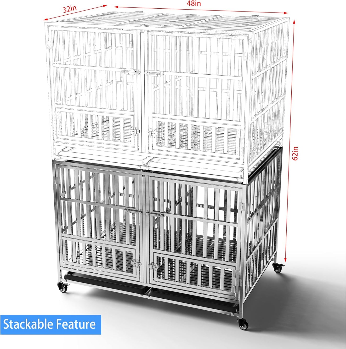 Collapsible Stainless Steel Dog Crate, 30" 37" 42" 48" Sizes, Lockable Wheel, with Tray, Stackable, Heavy Duty, Divider, Indoor and Outdoor (48insm)