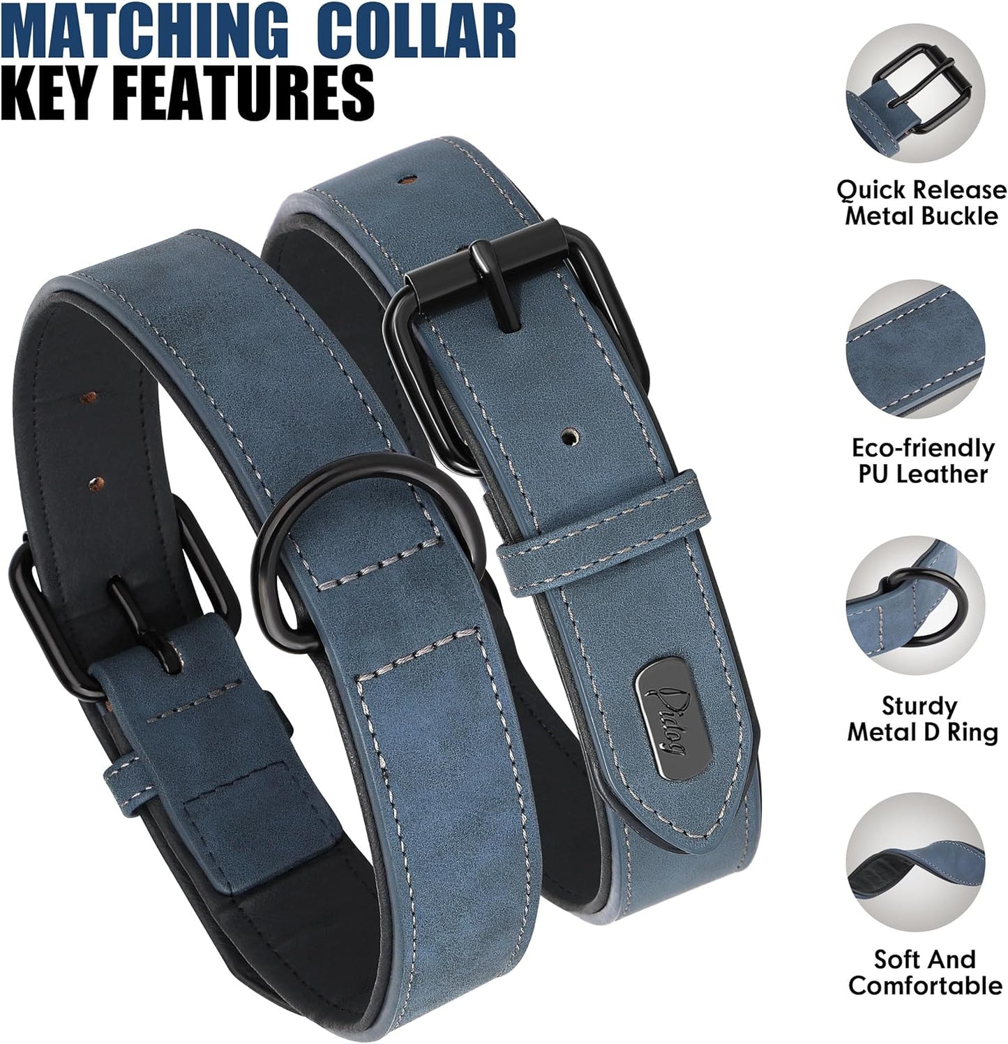 Didog Soft Padded Leather Dog Collar and Leash Set, Adjustable Dog Leash and Collar Set with Metal Buckle, Breathable Dog Collars with 4FT Faux Leather Dog Leash for Small Medium Large Dogs, Blue, XL