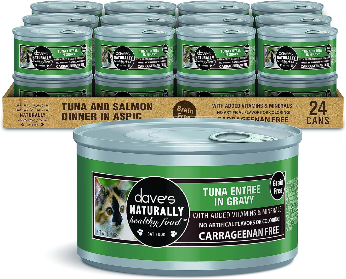 Dave's Pet Food Grain Free Wet Cat Food (Tuna Entrée in Gravy), Naturally Healthy Canned, Added Vitamins & Minerals, Wheat & Gluten-Free, 3 oz (24 Pack)