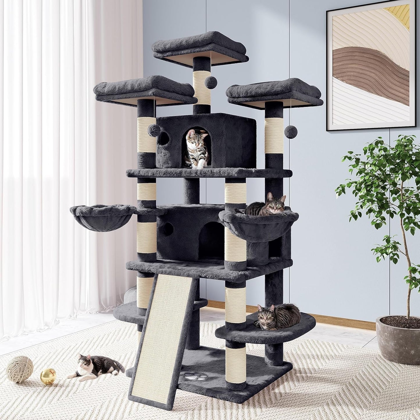 Allewie 68 Inches Cat Tree/House and Towers for Big Feline/Scratching Post/Multi-Level Large Kitty Climbing Tree with Condo/Smokey Grey