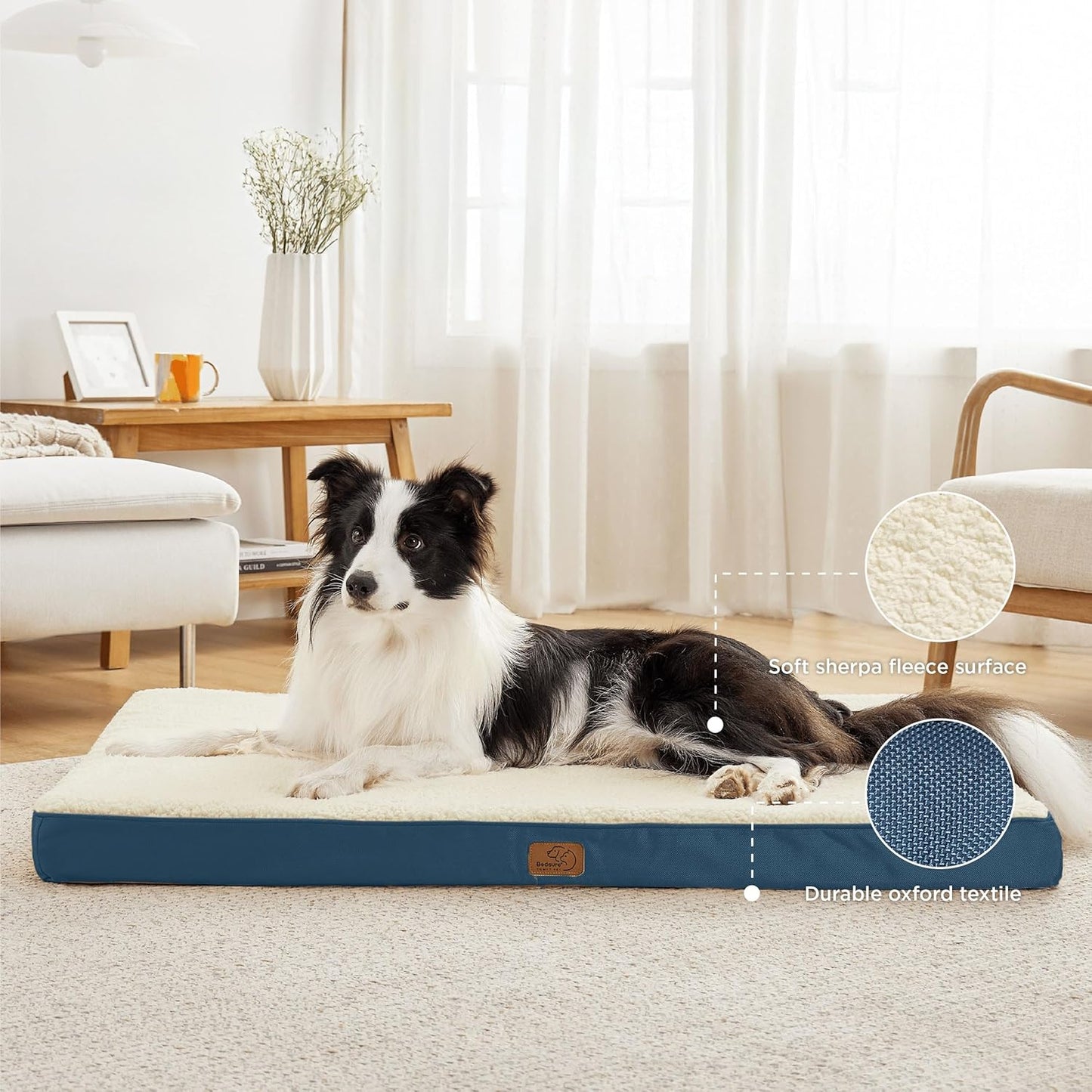 Bedsure Large Dog Bed for Crate - Orthopedic Flat Pet Beds with Removable Washable Cover, Egg Crate Foam Crate Mat, Suitable for Pet Up to 50 lbs