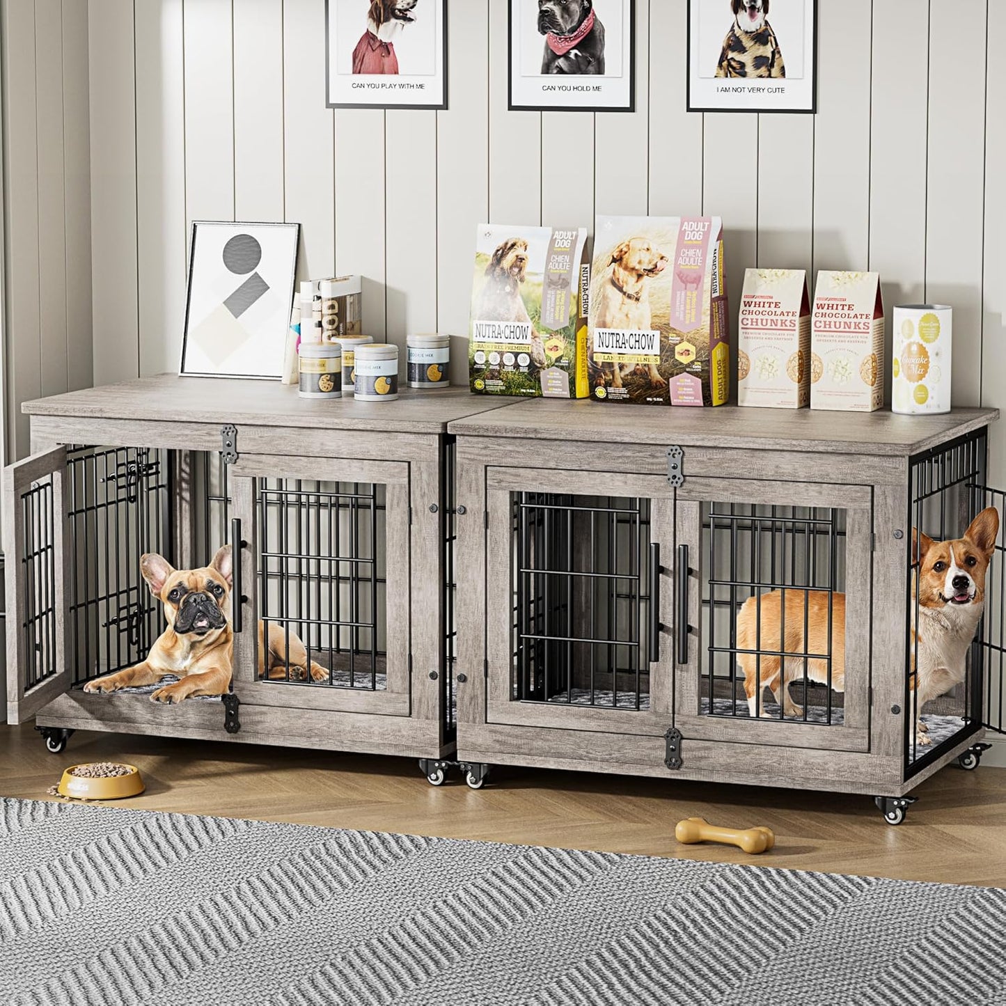Lulive Dog Crate Furniture Set of 2, Dog Kennel Indoor Double Doors Wooden Dog Cage, 32'' Heavy Duty Dog Crate with Cushion & Wheels, End Table Pet House Chew-Resistant Up to 45 lb, Grey