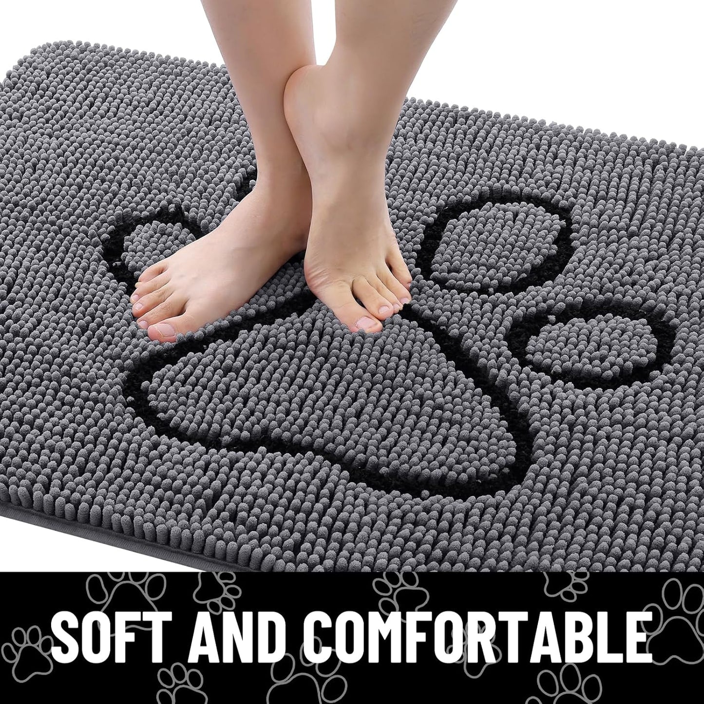 Smiry Dog Door Mat for Muddy Paws, Absorbent Dirt Trapper Non Slip Quick Dry Washable Chenille Mat for Mud Dogs, Entry Rug for Indoor and Outdoor (30x20 Inches, Dark Grey and Black)