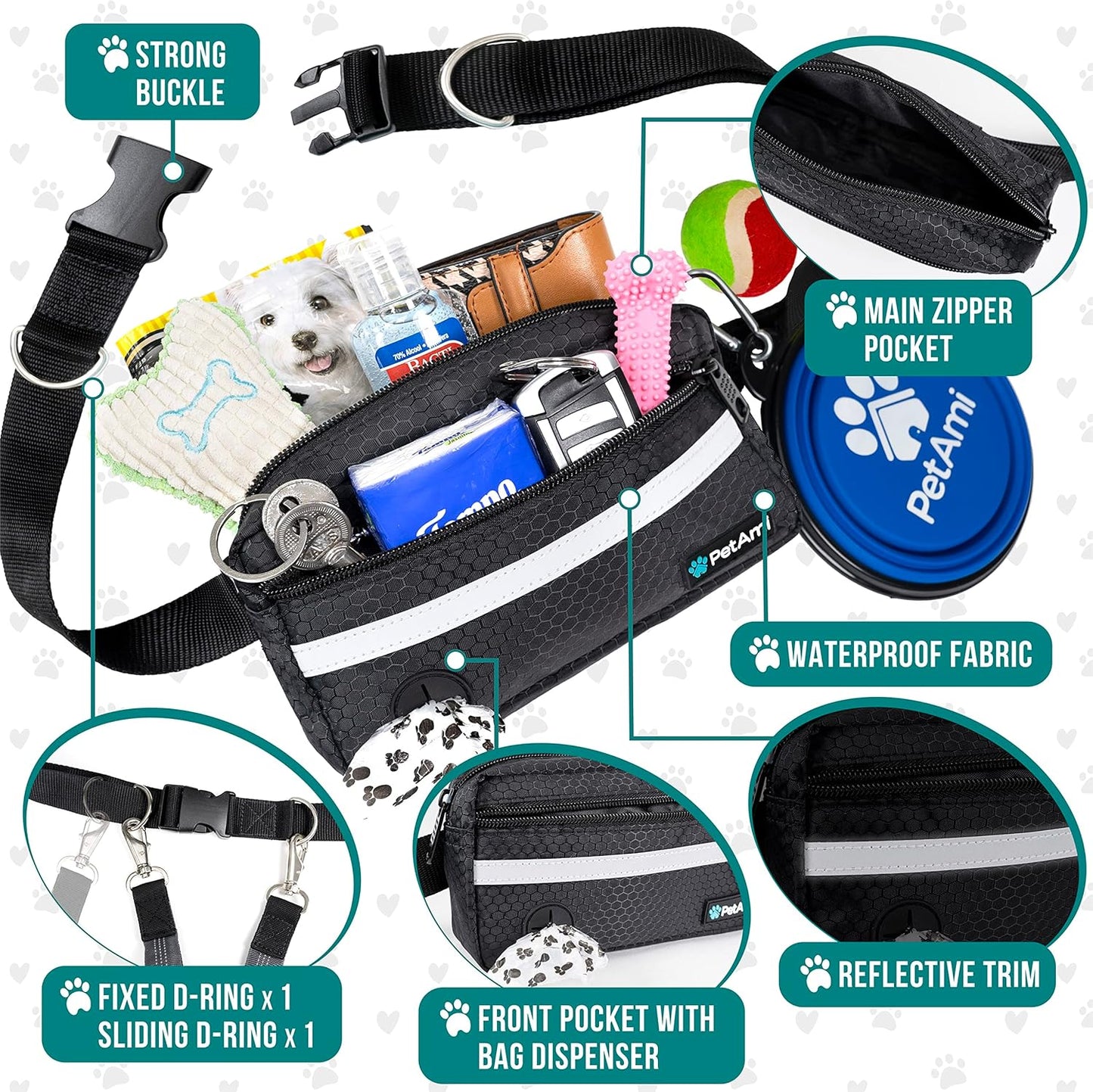 PetAmi Hands Free Dog Leash, Dog Running Leash Belt for Walking Jogging, Dog Waist Zipper Pouch Fanny Pack with Poop Bag Dispenser, Dual Padded Handle Bungee Leash for Small Medium Large Dogs, Double