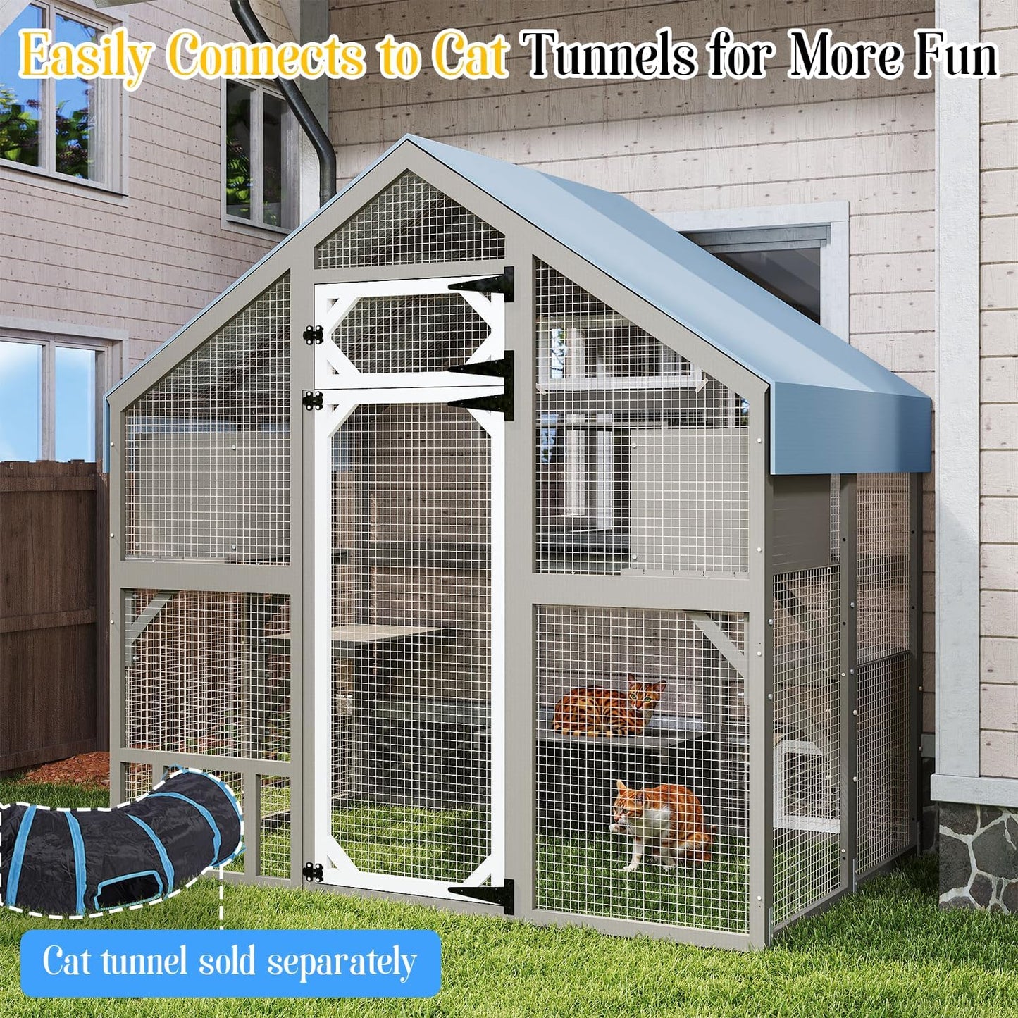 Cat Catio Outdoor Enclosure for Multiple Cats, Large Wooden Walk-in Cat House with Window Connection, 2 Condos, Platforms, Doors, and Weatherproof Roof Cover (69.5" L x 47" W x 71" H)