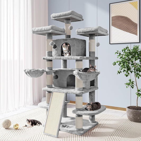 Allewie 68 Inches Cat Tree/House and Towers for Big Feline/Scratching Post/Multi-Level Large Kitty Climbing Tree with Condo/Light Grey