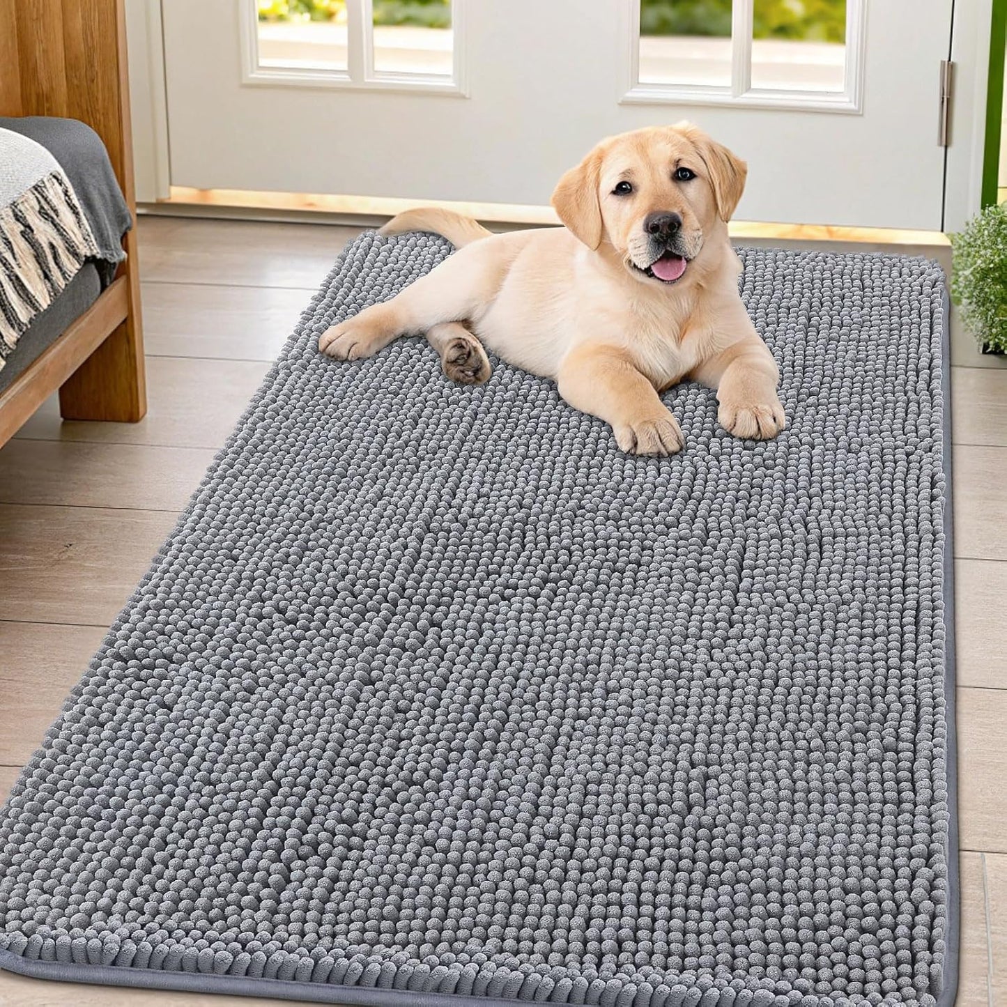 Smiry Dog Door Mat for Muddy Paws 54x32, Absorbs Moisture and Dirt Doormat, Non-Slip Washable Quick Dry Chenille Front Door Mat Indoor Entrance, Entryway Carpet for Inside Floor, Grey