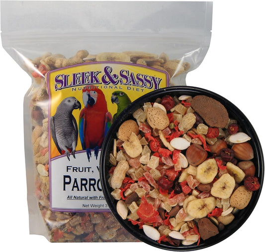 SLEEK & SASSY Fruit, Veggie, Nut Parrot Treat Perfect for Large Conures, Amazons, African Greys, Cockatoos, Pionus-Parrots & Macaws (3 lbs.)