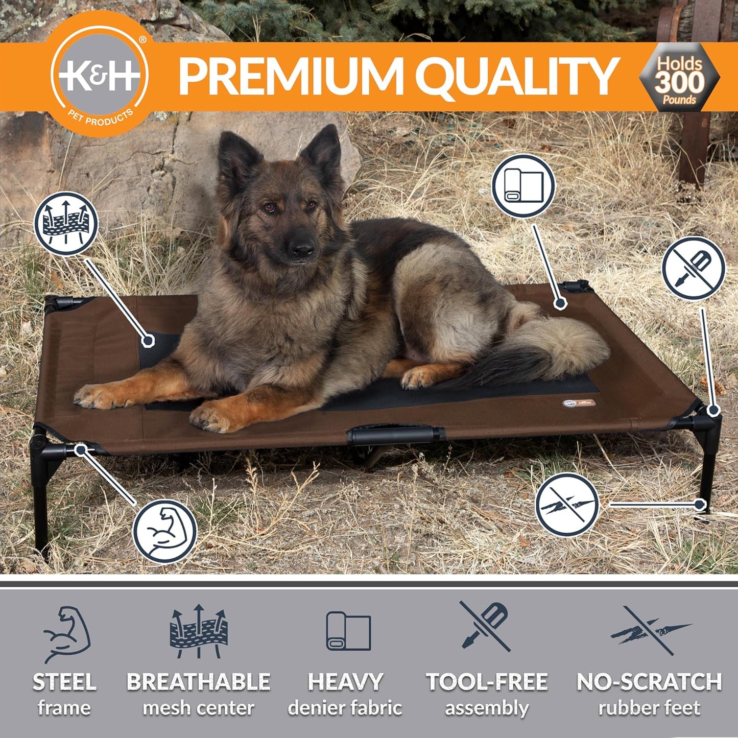 K&H Pet Products Outdoor Elevated Dog Cot, Breathable Cooling Elevated Cot Hammock Pet Bed for XL Dogs, Washable Mesh Cover, Raised Metal Frame, Collapsible, Portable - Extra-Large 50 X 32 Chocolate