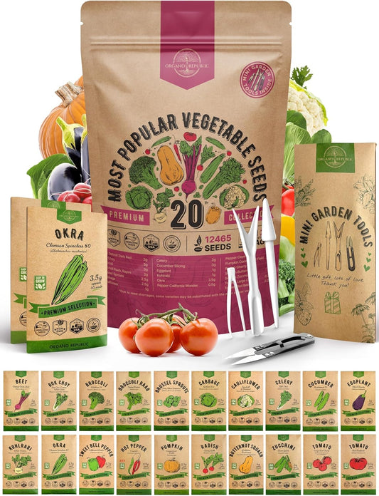 20 Vegetable Seeds Variety Pack - 12,465+ Non-GMO Heirloom Seeds for Planting Vegetables and Fruits in Individual Seed Packets, Home Garden Seed for Hydroponic, Indoor and Outdoors Gardening