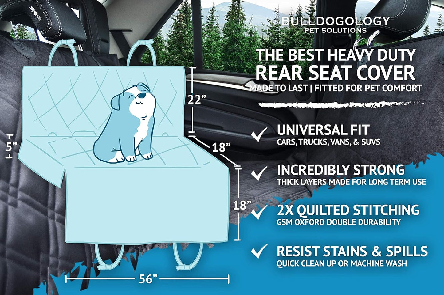 Bulldogology Dog Car Seat Cover for Back Seat 58"x56" Waterproof Pet Seat Cover SUV - Seat Cover for Dogs - Back Seat Protector - Dog Hammock for Car, Seat Cover for Truck (Large)