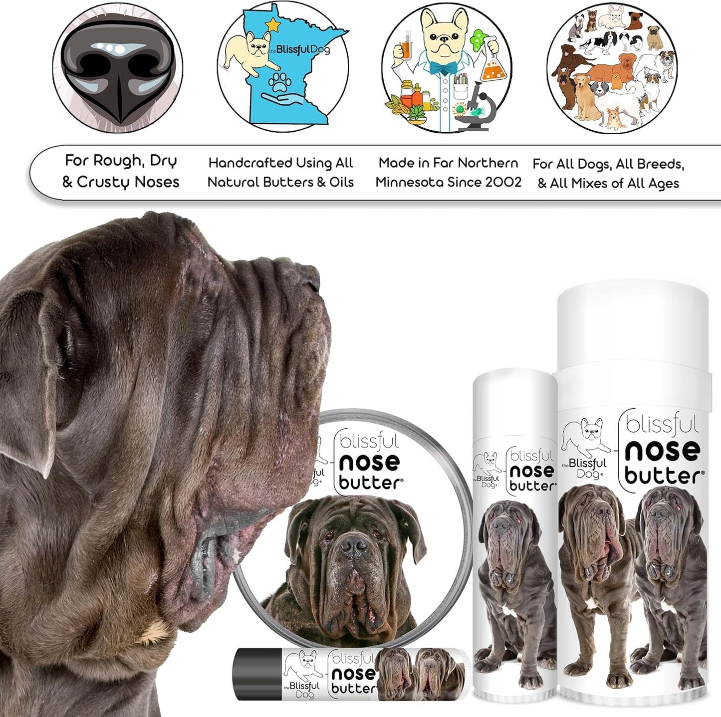 The Blissful Dog Neapolitan Mastiff Nose Butter for Dry, Cracked Skin, Lick-Safe Dog Nose Balm with Moisturizing Shea Butter, Almond, Olive, and Essential Oils, Pet Supplies, Uncented, 0.50 oz.