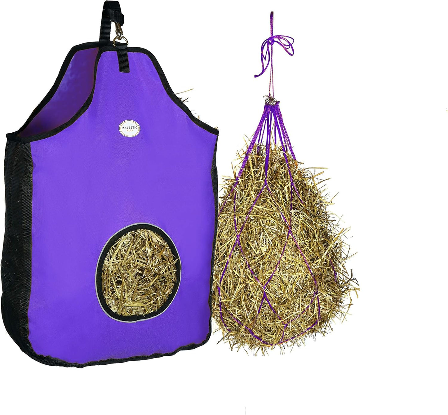 Majestic Ally 1200 D Hay Feeder Tote Bag for Horses, Sheep with Reflective Trim- Reduces Waste - Comes with 36” Hay Net (Purple)
