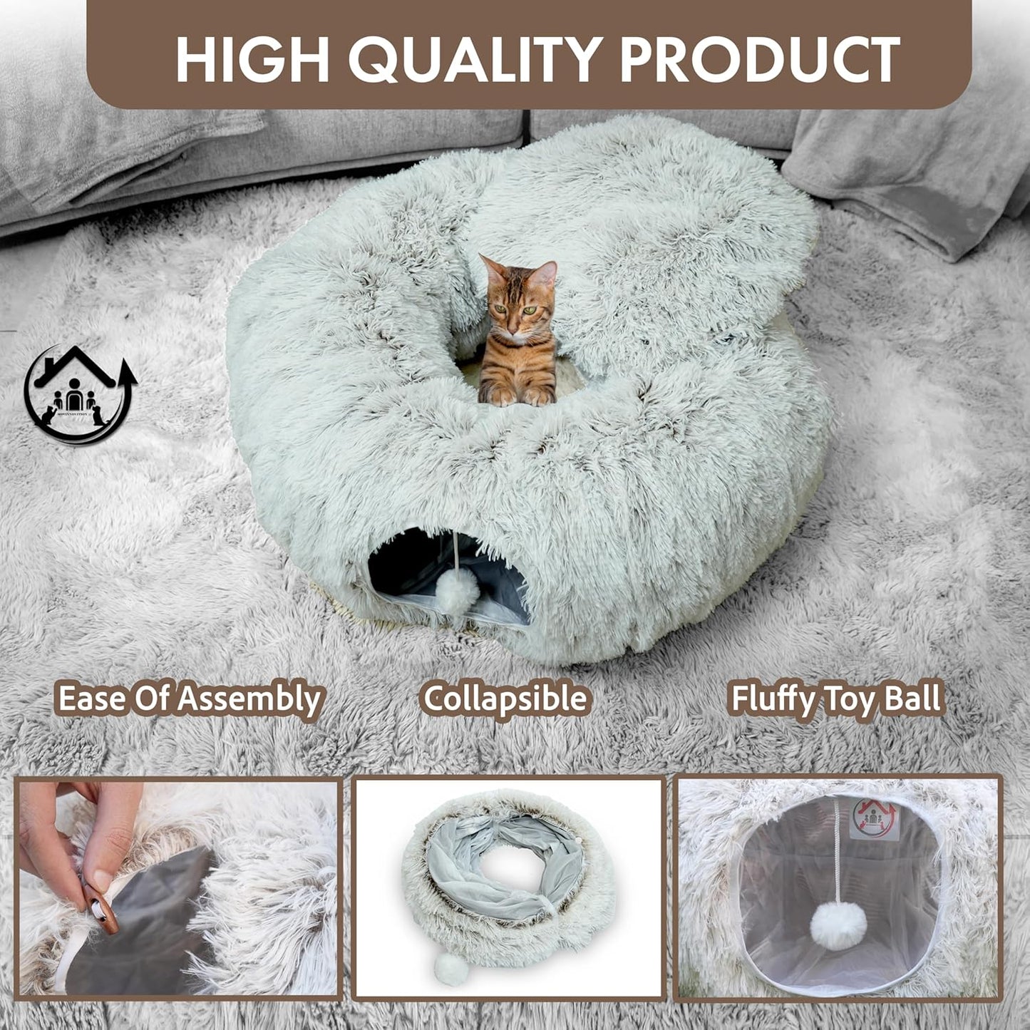 Large Cat Tunnel Bed for Indoor Cats Warm Fluffy Plush Cat Cave Tunnel Bed Collapsible, Washable, 3 Way and Multifunctional with Dangling Balls for Cats, Kittens and Rabbits- Brown