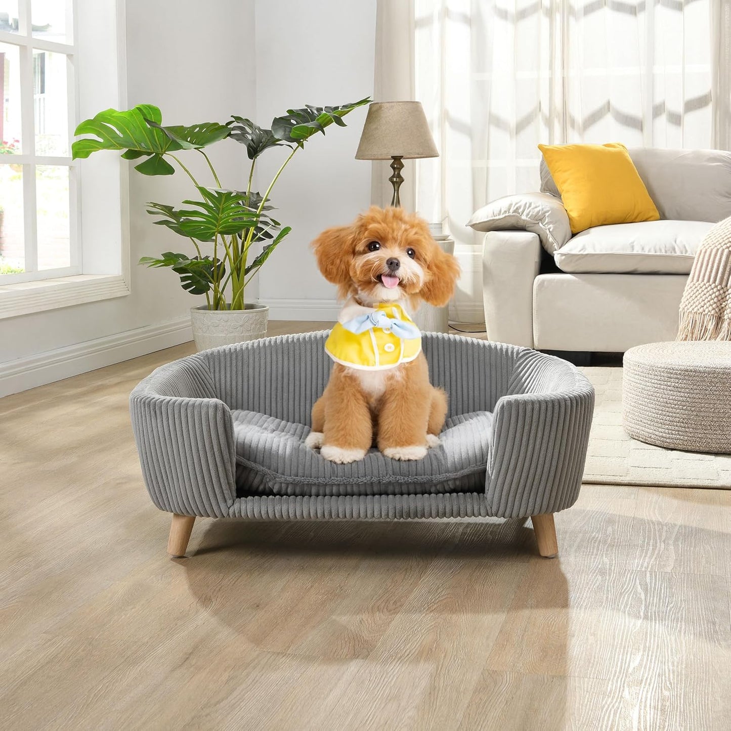 Christopher Knight Home Elroy Orthopedic Dog Bed, Elevated Dog Sofa Bed for Small Dog, Supportive Foam Pet Couch Bed with Wooden Legs, Modern Pet Sofa Bed, Gray