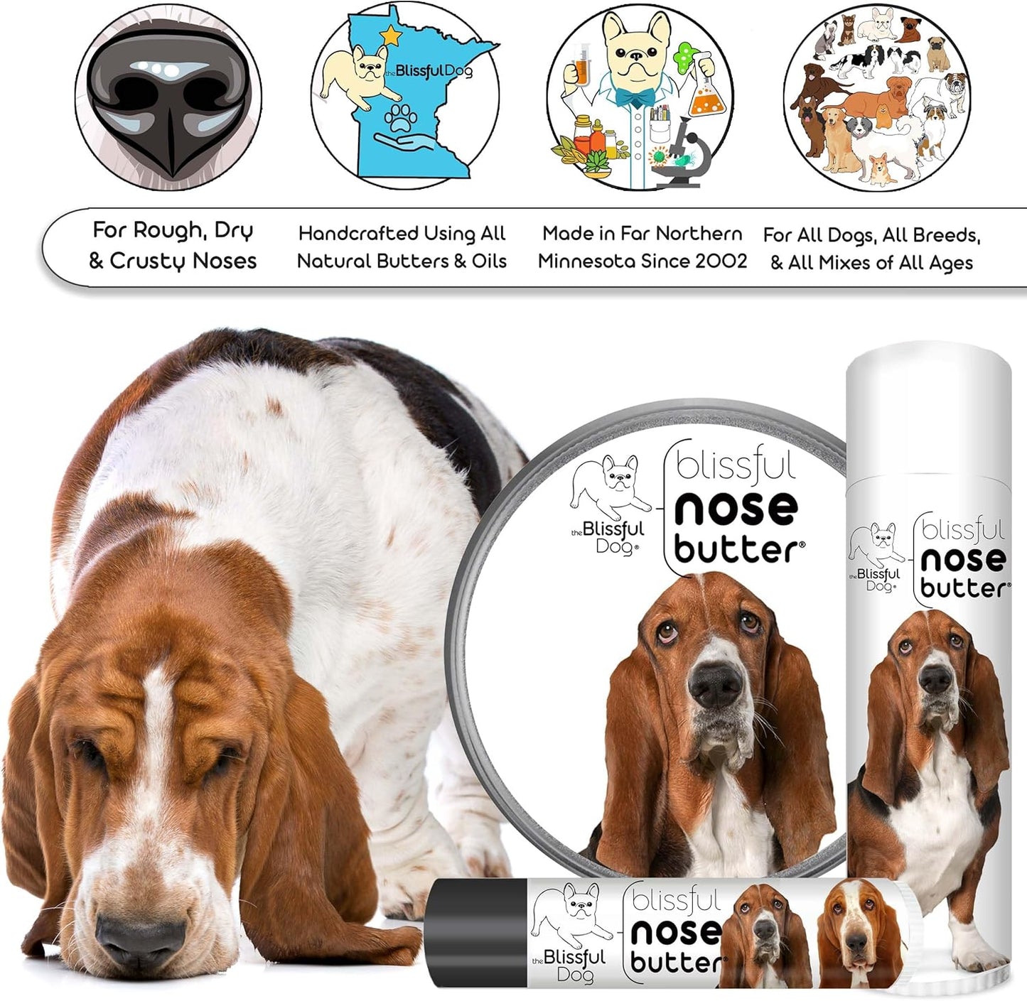 The Blissful Dog Basset Hound Nose Butter for Dry, Cracked Skin, Lick-Safe Dog Nose Balm with Moisturizing Shea Butter, Almond, Olive, and Essential Oils, Pet Supplies, Uncented, 0.15 oz.