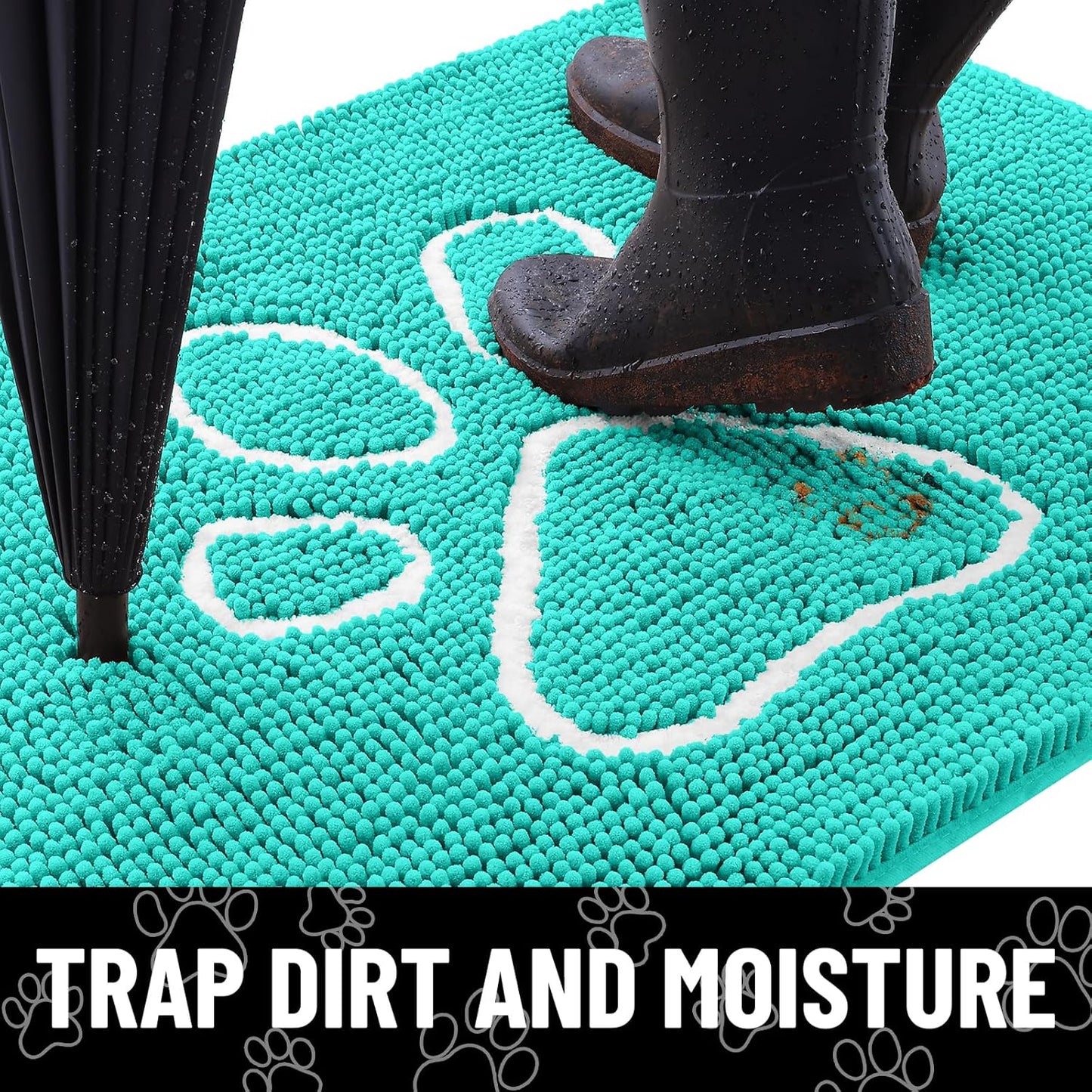 Smiry Dog Door Mat for Muddy Paws, Absorbent Dirt Trapper Non Slip Quick Dry Washable Chenille Mat for Mud Dogs, Entry Rug for Indoor and Outdoor (30x20 Inches, Turquoise)
