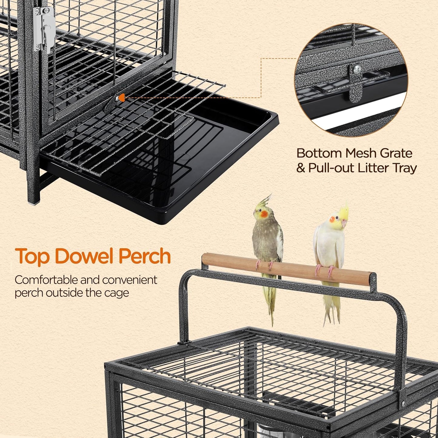 Yaheetech 25.5'' Wrought Iron Bird Travel Carrier Cage Parrot Cage with Handle Wooden Perch & Seed Guard for Small Parrots Canaries Budgies Parrotlets Lovebirds Conures Cockatiels