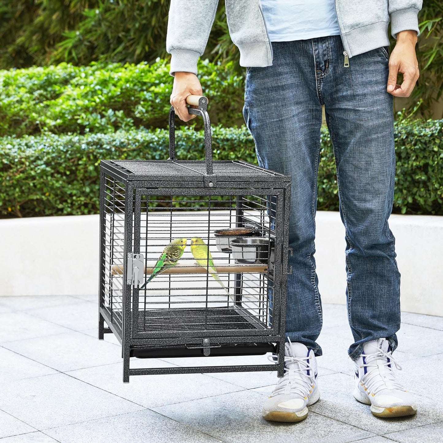 Yaheetech 25.5'' Wrought Iron Bird Travel Carrier Cage Parrot Cage with Handle Wooden Perch & Seed Guard for Small Parrots Canaries Budgies Parrotlets Lovebirds Conures Cockatiels