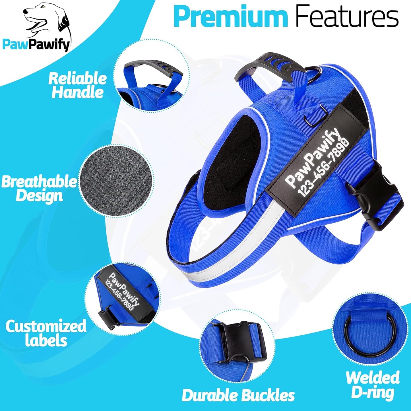 PawPawify Custom No Pull Dog Harness with Name and Phone Number, Heavy Duty Personalized Pet Vest to Prevent Tugging, Pulling, or Choking, Training and Walking (New Blue, L (40-60 LBS))