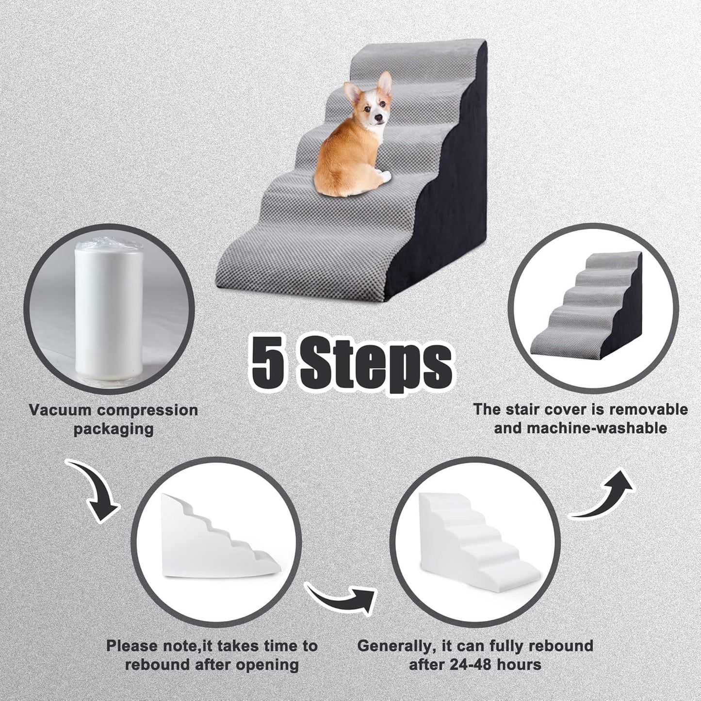 Curved Dog Stairs 24 inches High, Dog Ramp Stairs for Small Dogs for High Beds 20-25 inches Tall, 30D Foam Dog Steps for Beds 24 inches, Pet Stairs/Steps for Old Dogs Cats, Grey